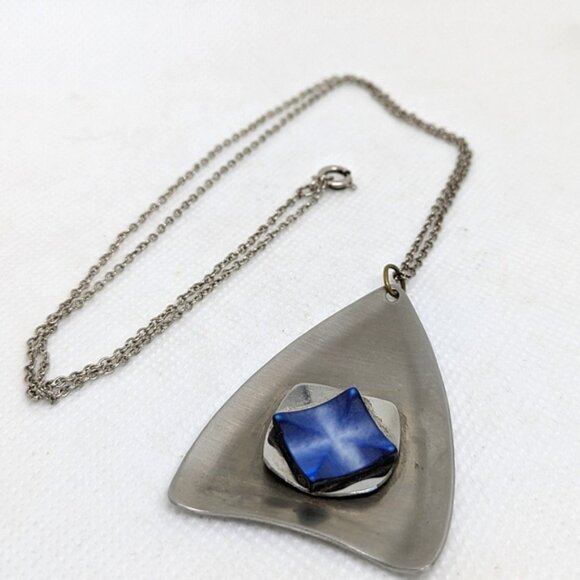 Other - Vintage Modernist Stainless Steel Necklace Signed Peak Blue Center Unisex Men	"P